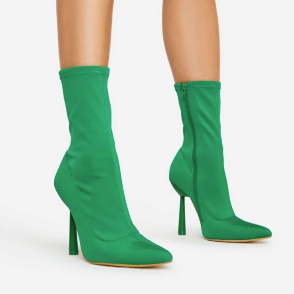 BROOKS POINTED TOE SCULPTURED ROUND HEEL ANKLE SOCK BOOT IN GREEN LYCRA - Picture 3 of 7